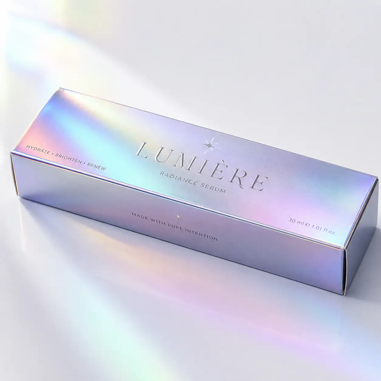 Lumière Radiance Serum holographic iridescent luxury skincare box packaging, 30ml, purple blue silver premium product design