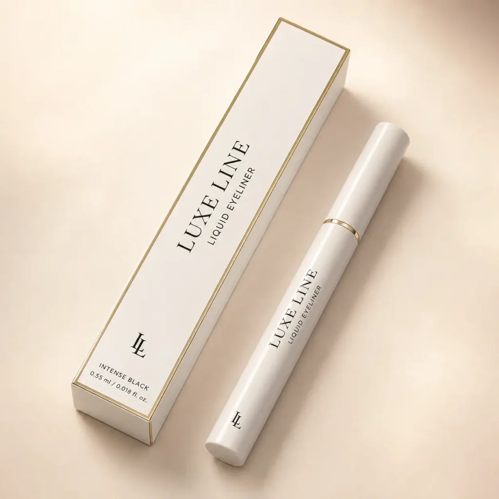 Luxe Line liquid eyeliner white gold luxury packaging box and pen on beige background, intense black cosmetic product design