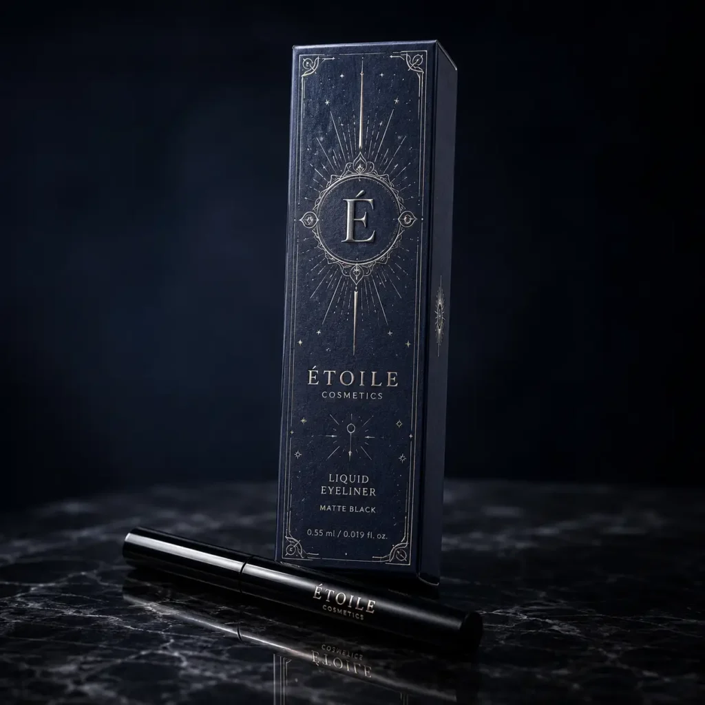 Étoile Cosmetics luxury matte black liquid eyeliner pen beside navy blue celestial gold foil packaging box on dark marble surface