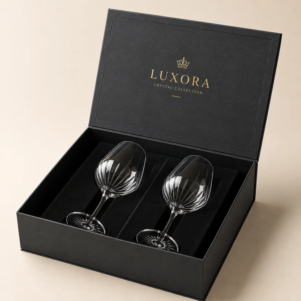Luxora Crystal Collection black luxury gift box with two clear cut crystal wine glasses on black velvet insert