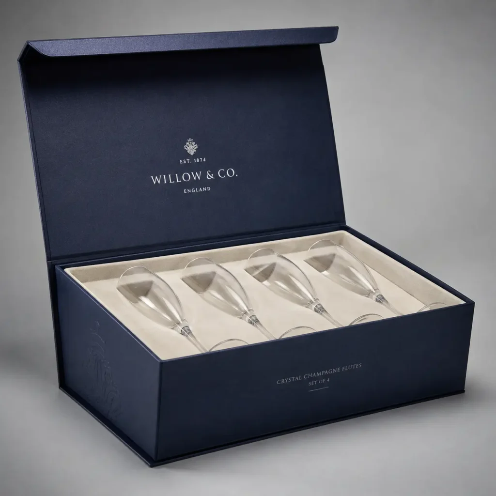 Navy blue luxury gift box with crystal champagne flutes set of 4 by Willow & Co England, cream velvet interior, premium packaging