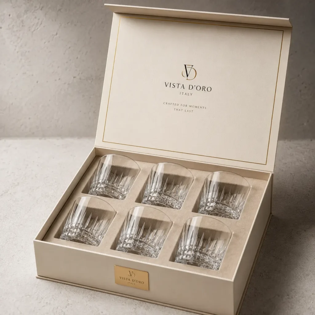 Luxury cream gift box with 6 crystal whiskey glasses, Vista D'Oro Italy gold logo, elegant premium packaging design