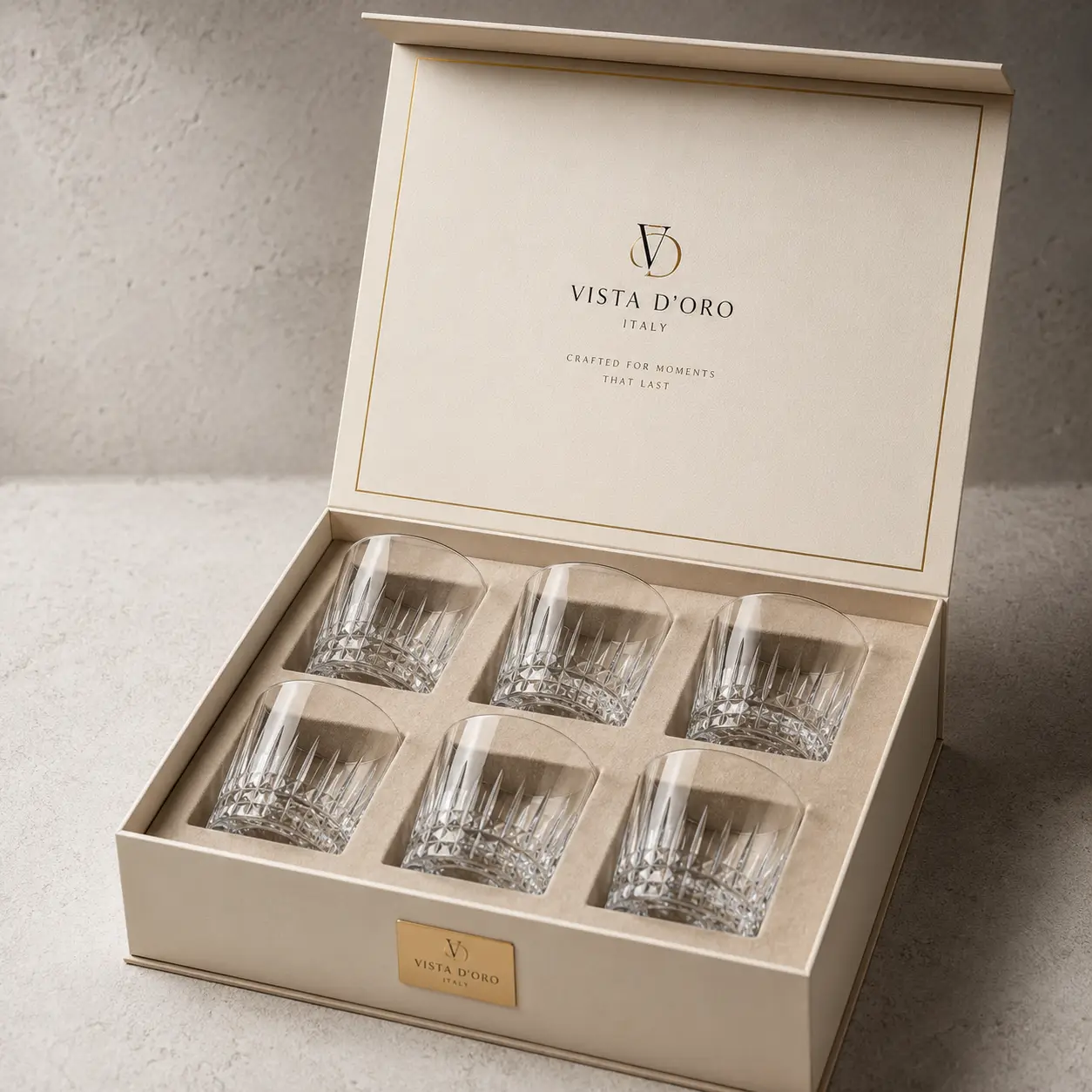 Luxury cream gift box with 6 crystal whiskey glasses, Vista D'Oro Italy gold logo, elegant premium packaging design