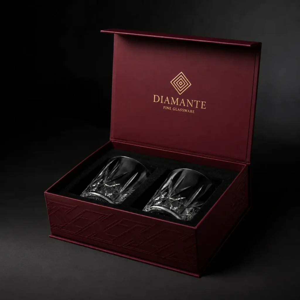 Two crystal whiskey glasses in luxury burgundy red gift box with gold Diamante Fine Glassware logo, black velvet interior