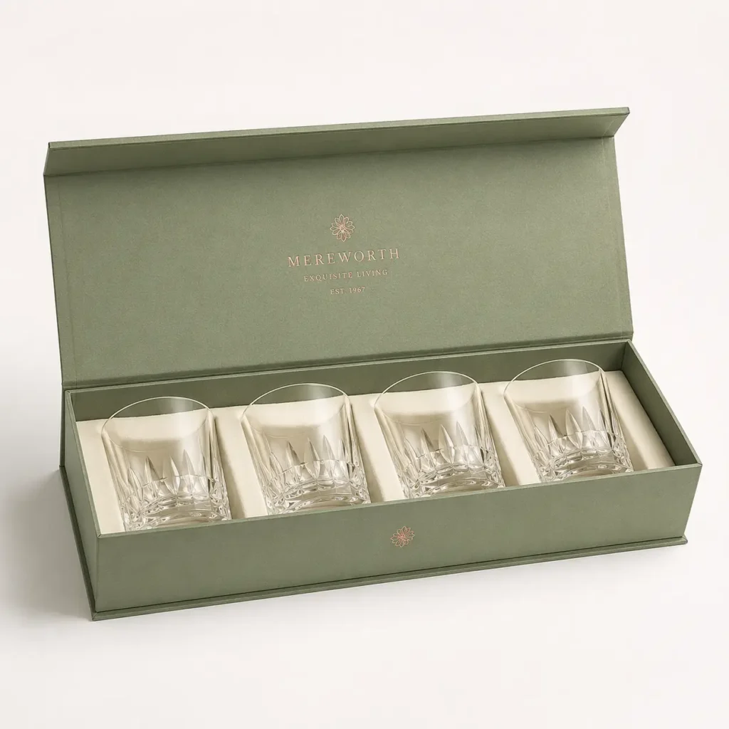 Mereworth Exquisite Living sage green luxury gift box set with 4 crystal whiskey glasses in cream interior packaging
