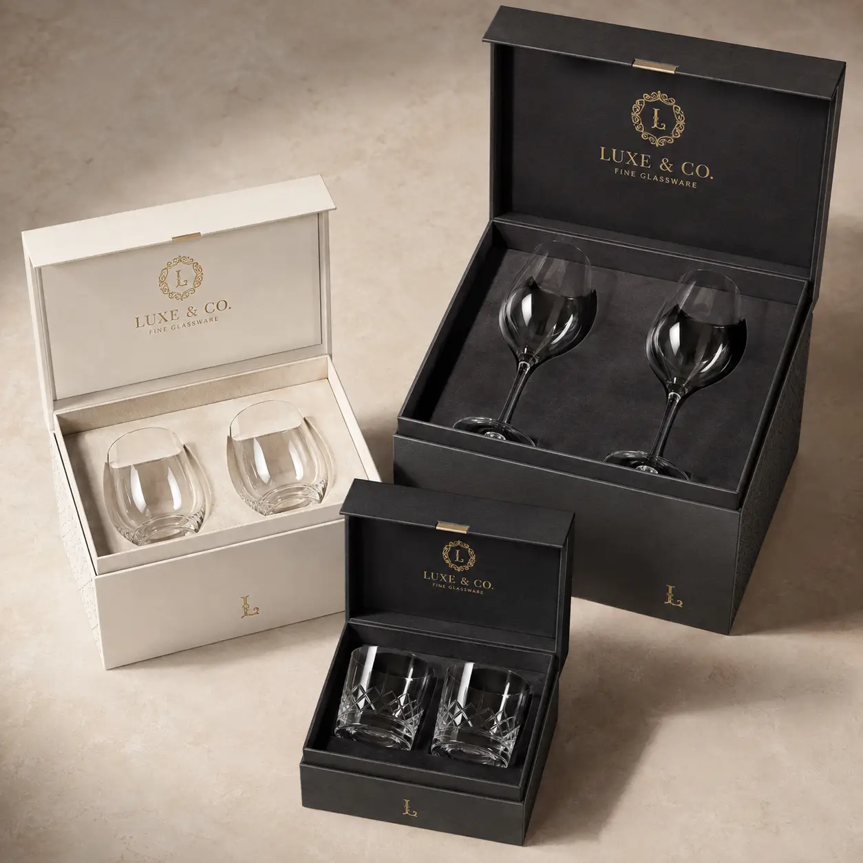 Luxe & Co. fine glassware gift boxes in black and ivory with crystal wine and whiskey glasses, elegant luxury packaging sets
