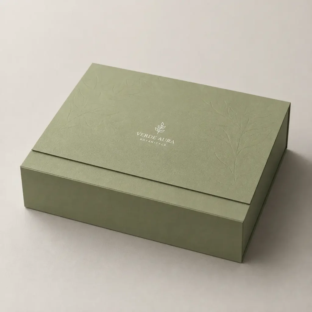 Sage green luxury gift box with embossed botanical leaf pattern and silver Verde Aura Botanicals logo, elegant custom packaging design