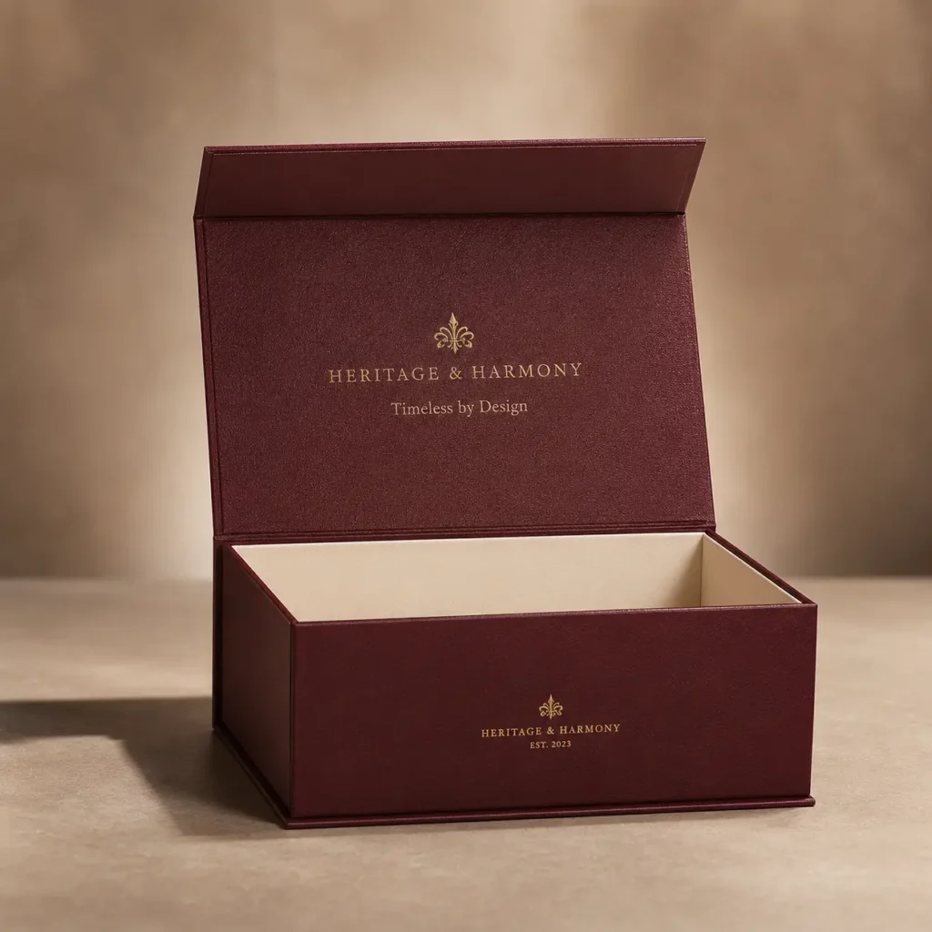 Luxury burgundy magnetic gift box with gold Heritage & Harmony branding, cream interior, elegant premium packaging design