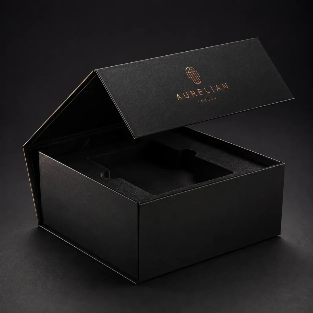 Luxury black magnetic watch box with rose gold Aurelian London branding, open lid revealing custom foam insert