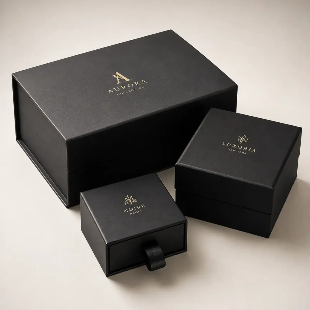Three luxury black gift boxes with gold foil branding Aurora Collection, Luxoria New York, and Noiré Maison on beige background