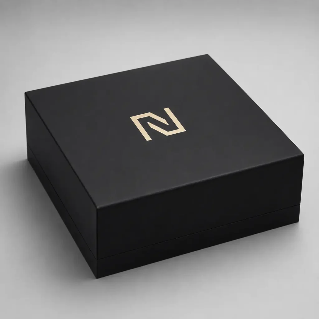 Matte black luxury gift box with gold embossed N logo, premium rigid packaging design by The Packaging Masters