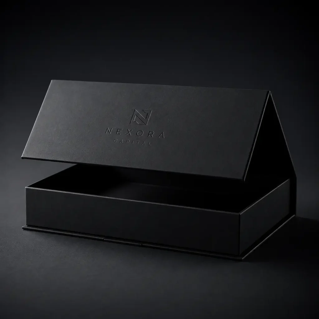 Matte black luxury magnetic gift box open with embossed Nexora Capital logo, elegant premium corporate packaging dark background