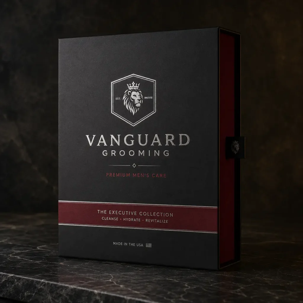 Vanguard Grooming Executive Collection luxury black gift box with silver lion logo and burgundy band on dark marble surface