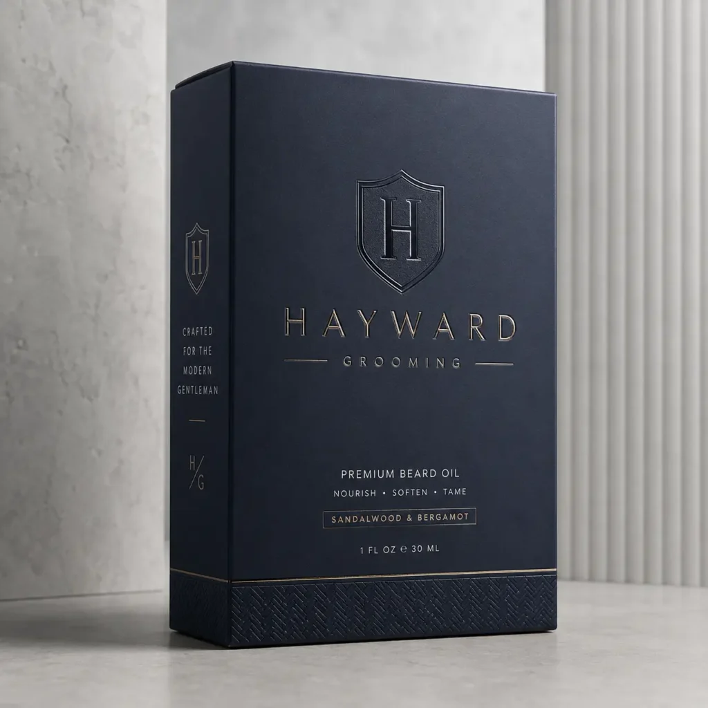 Navy blue luxury beard oil box by Hayward Grooming with gold embossed shield logo, sandalwood bergamot scent, premium packaging design