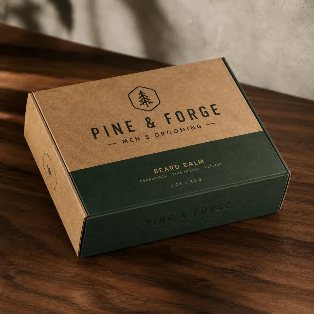 Kraft and forest green Pine & Forge Men's Grooming beard balm box on dark wood surface, rustic masculine packaging design
