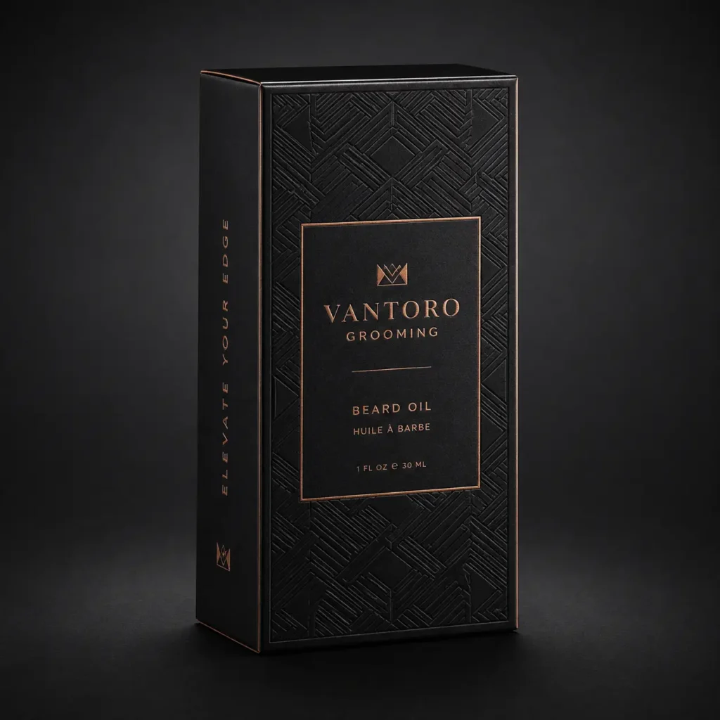 Vantoro Grooming luxury beard oil box, matte black with rose gold foil embossing, geometric texture, premium men's grooming packaging design