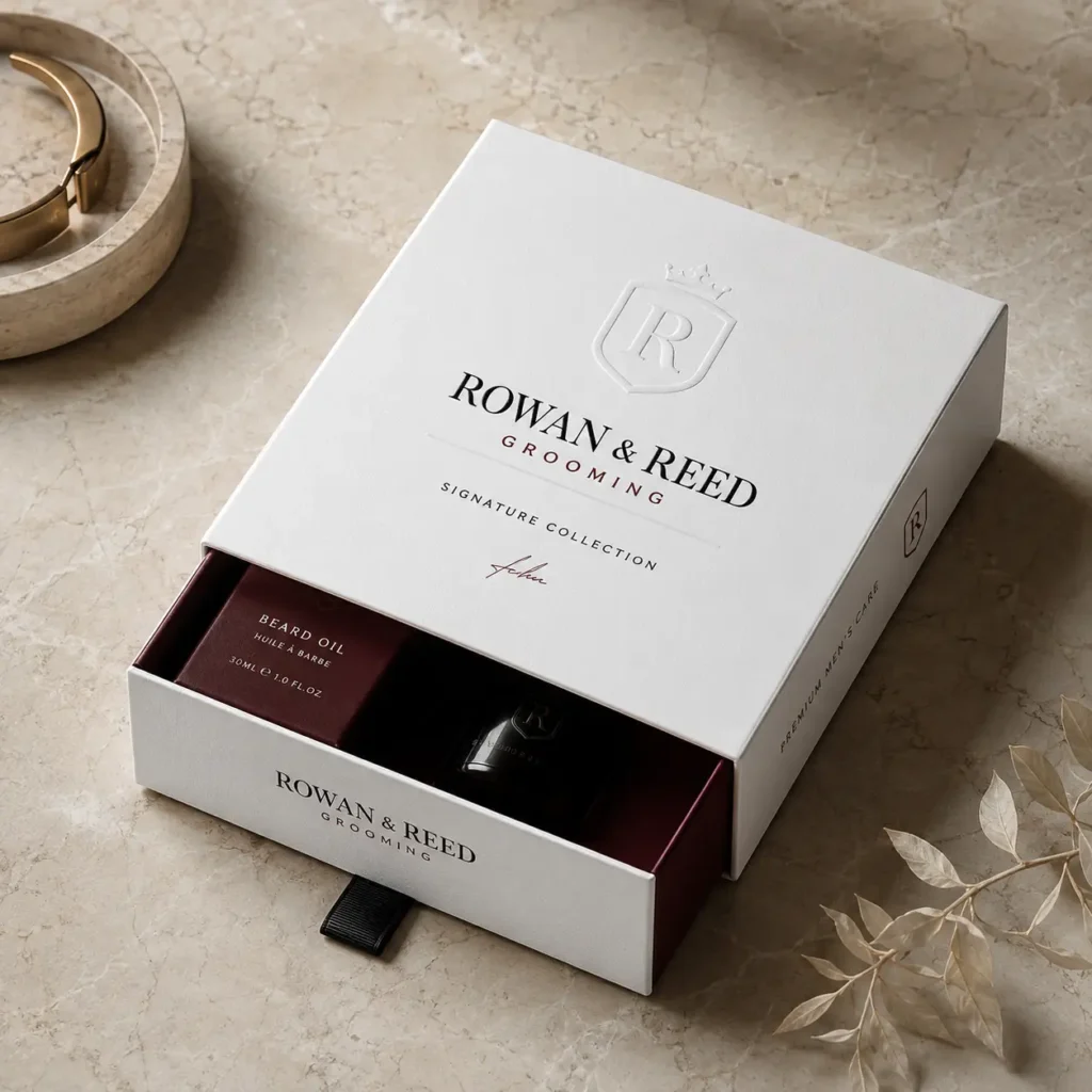 Rowan & Reed luxury white drawer gift box with burgundy beard oil packaging on marble surface, premium men's grooming set