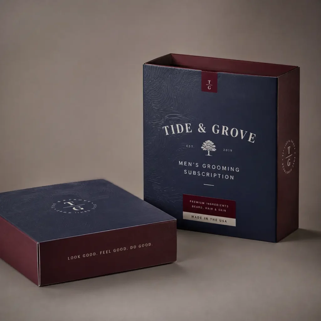Navy and burgundy Tide & Grove men's grooming subscription box with embossed texture, gold branding, premium custom packaging design
