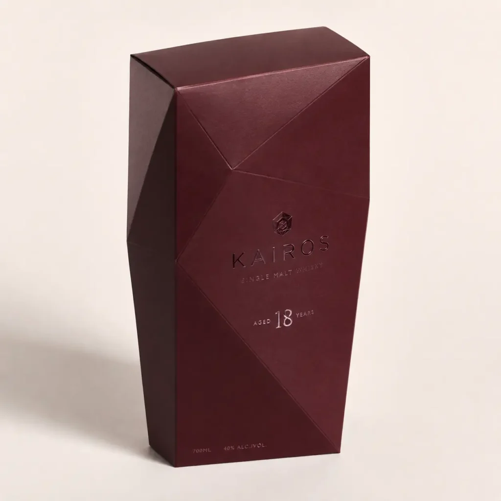 Deep burgundy geometric luxury whisky box packaging for Kairos 18 Year Single Malt, faceted origami design, premium gift box