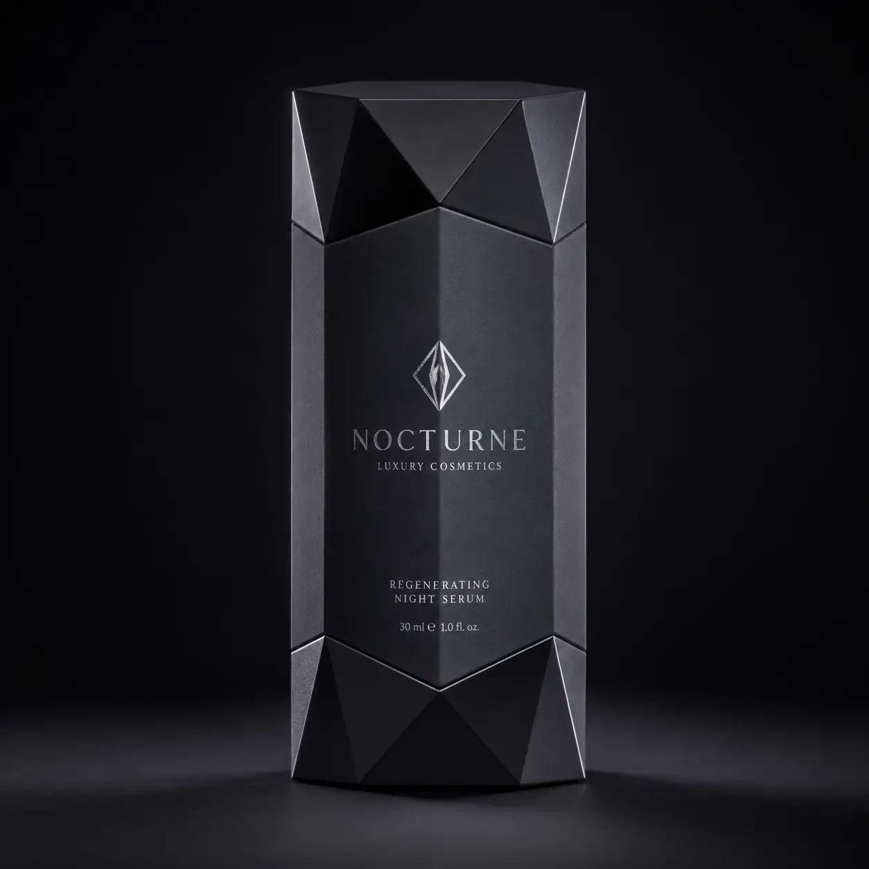 Nocturne Luxury Cosmetics black geometric faceted box packaging for Regenerating Night Serum 30ml, dark elegant product design