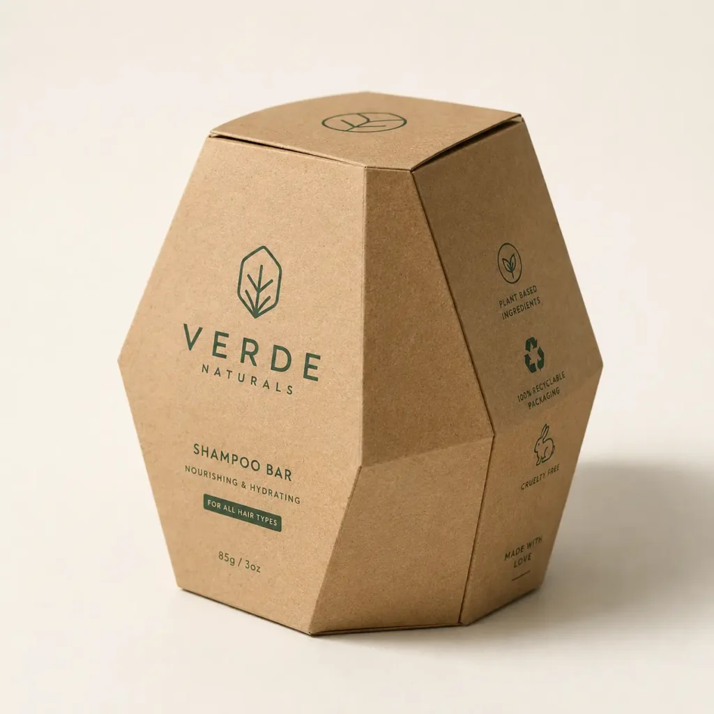 Kraft brown geometric shampoo bar box by Verde Naturals, eco-friendly recyclable packaging with green botanical branding