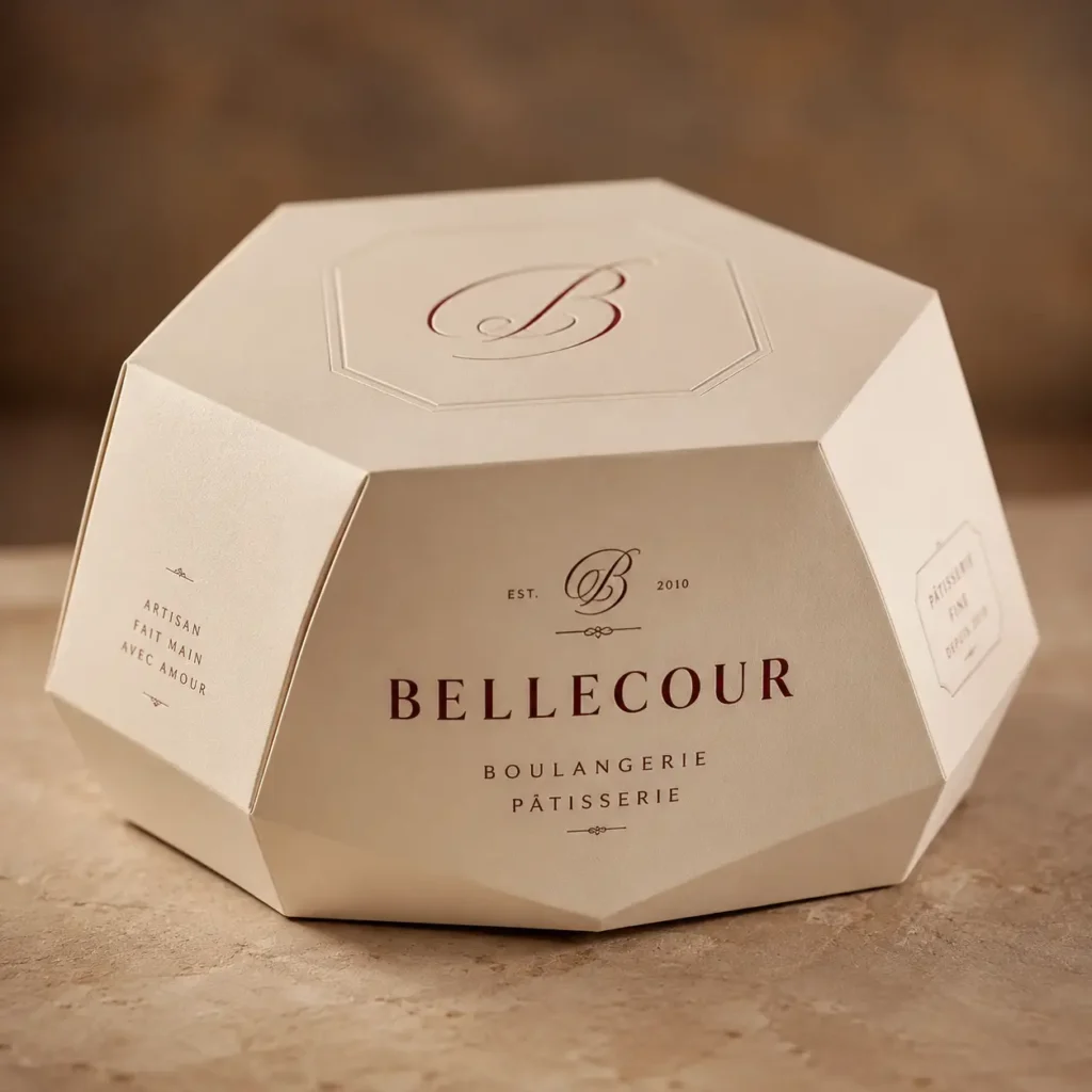 Elegant cream octagonal luxury bakery box for Bellecour Boulangerie Patisserie with burgundy embossed monogram logo