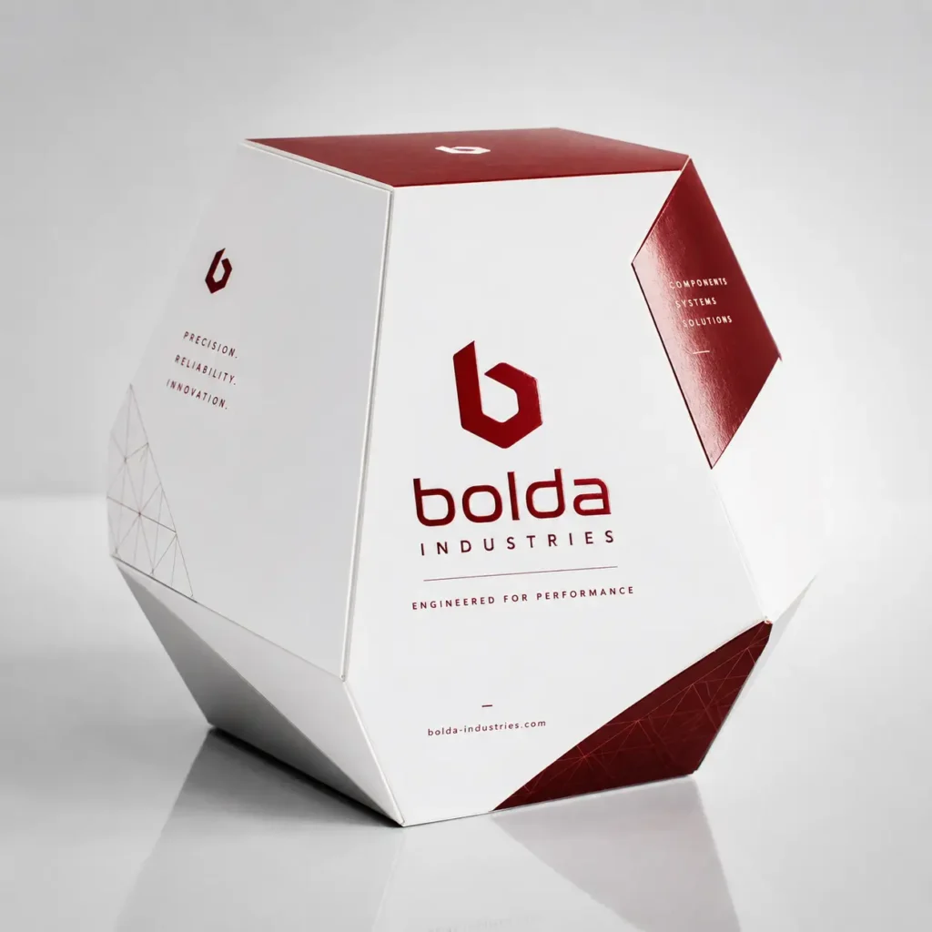 White geometric polyhedron packaging box with dark red Bolda Industries branding, precision industrial product packaging design