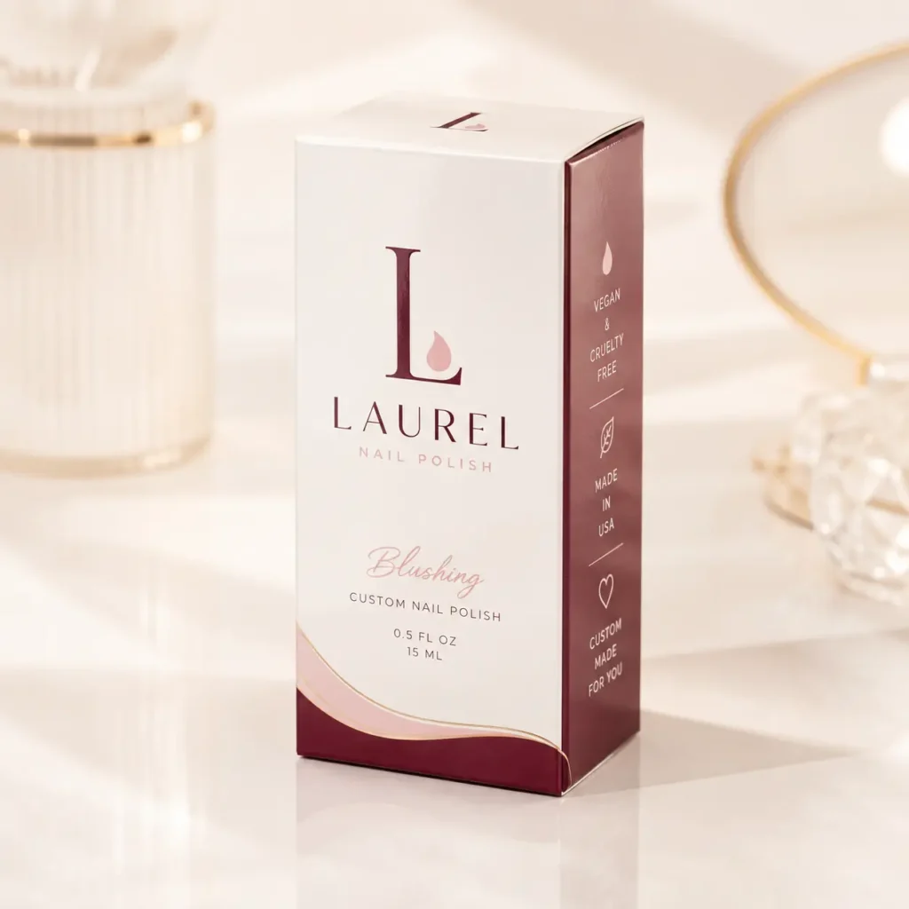 Laurel Nail Polish Blushing custom box packaging in white and burgundy, vegan cruelty-free, 15ml, elegant luxury product design