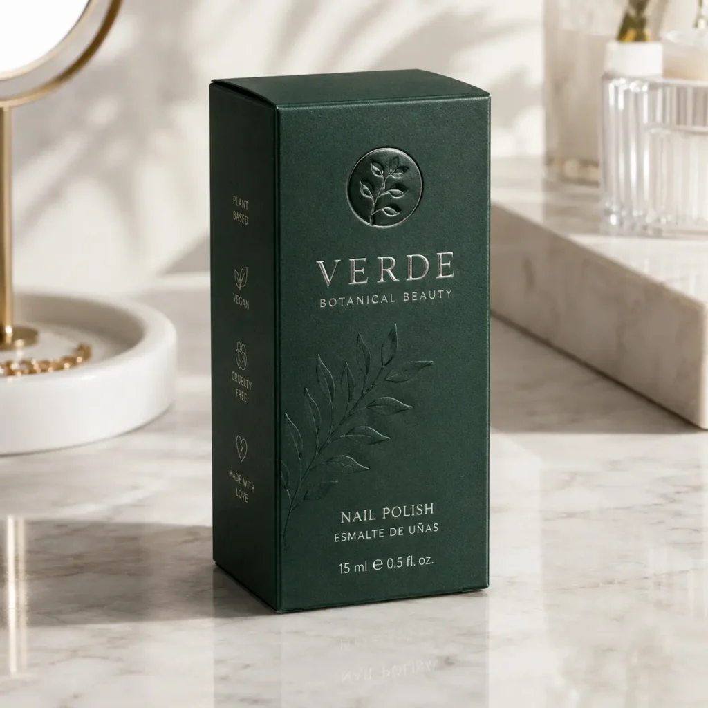 Dark green luxury nail polish box by Verde Botanical Beauty on marble, vegan cruelty-free plant-based cosmetic packaging design