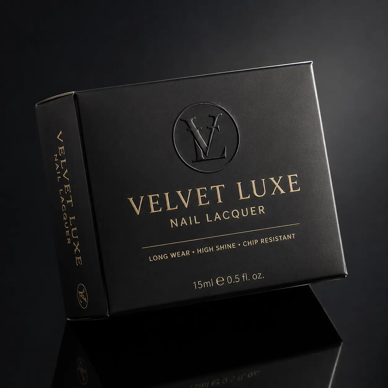 Velvet Luxe Nail Lacquer luxury black gold packaging box, 15ml, long wear chip resistant, premium cosmetic product design