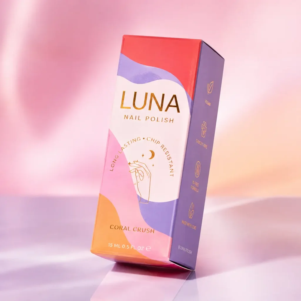 Luna Nail Polish Coral Crush box packaging design in purple pink red orange waves, vegan cruelty-free 15ml beauty product mockup