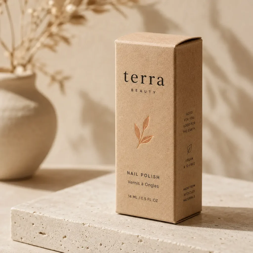 Terra Beauty nail polish kraft paper eco-friendly packaging box on stone surface, vegan 12-free formula, 14ml, neutral beige tones