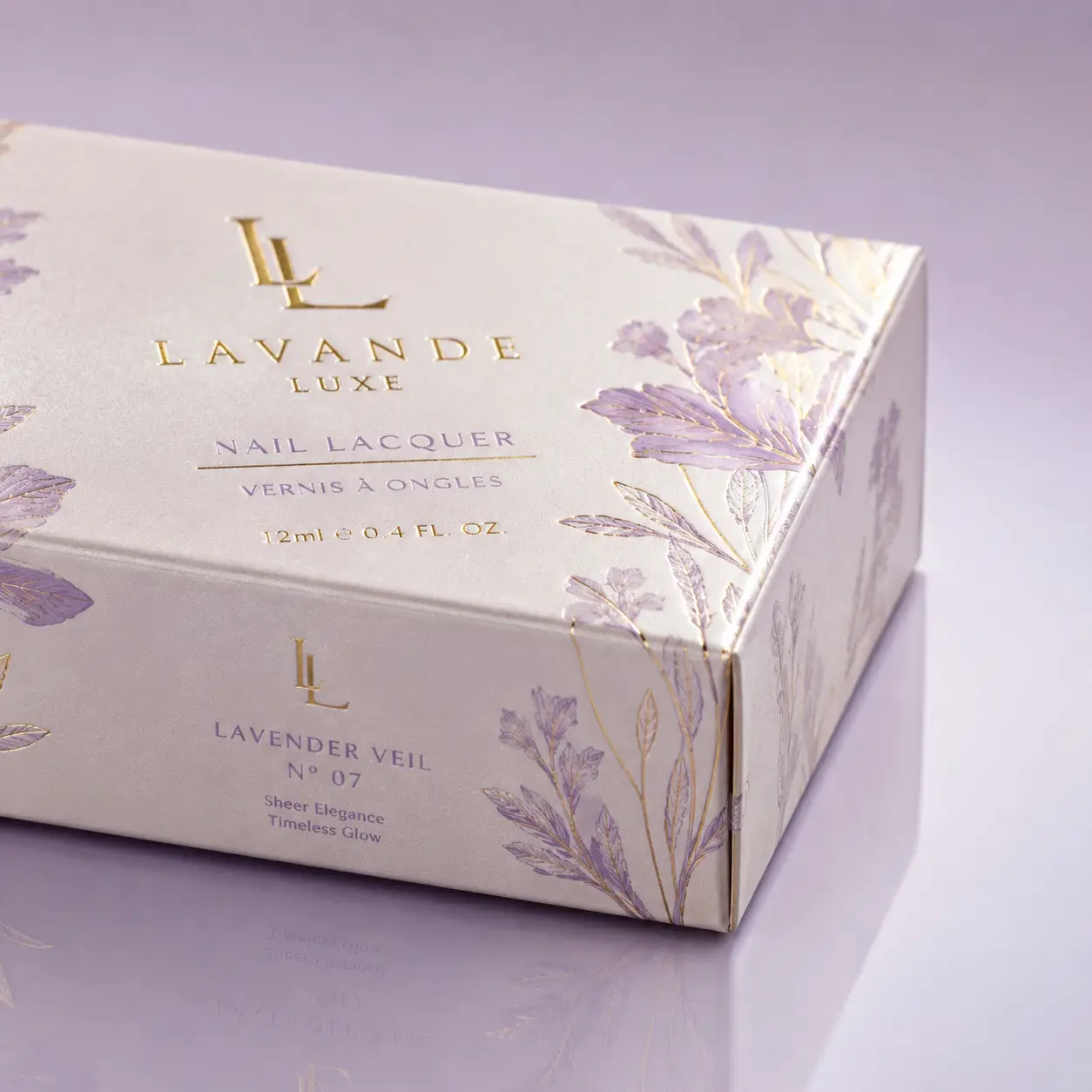 Lavande Luxe nail lacquer luxury packaging box in pearl white with gold foil, purple floral botanical design, Lavender Veil No.07