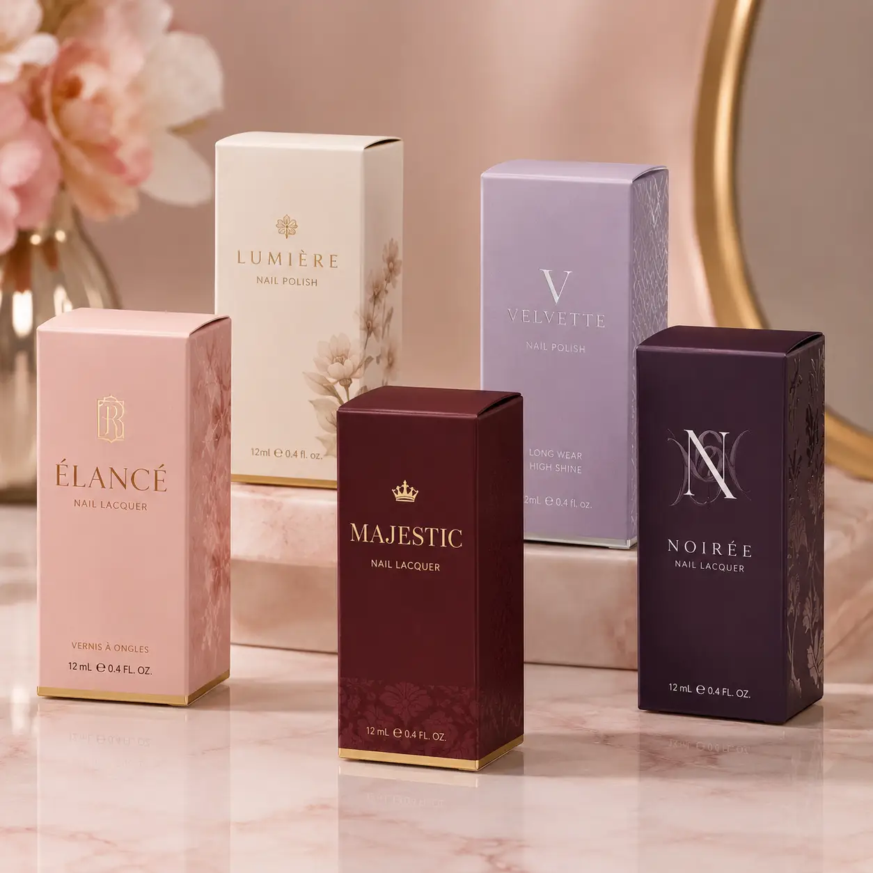 Five luxury nail polish boxes in pink, cream, burgundy, lavender, and plum displayed on marble surface with elegant custom packaging designs