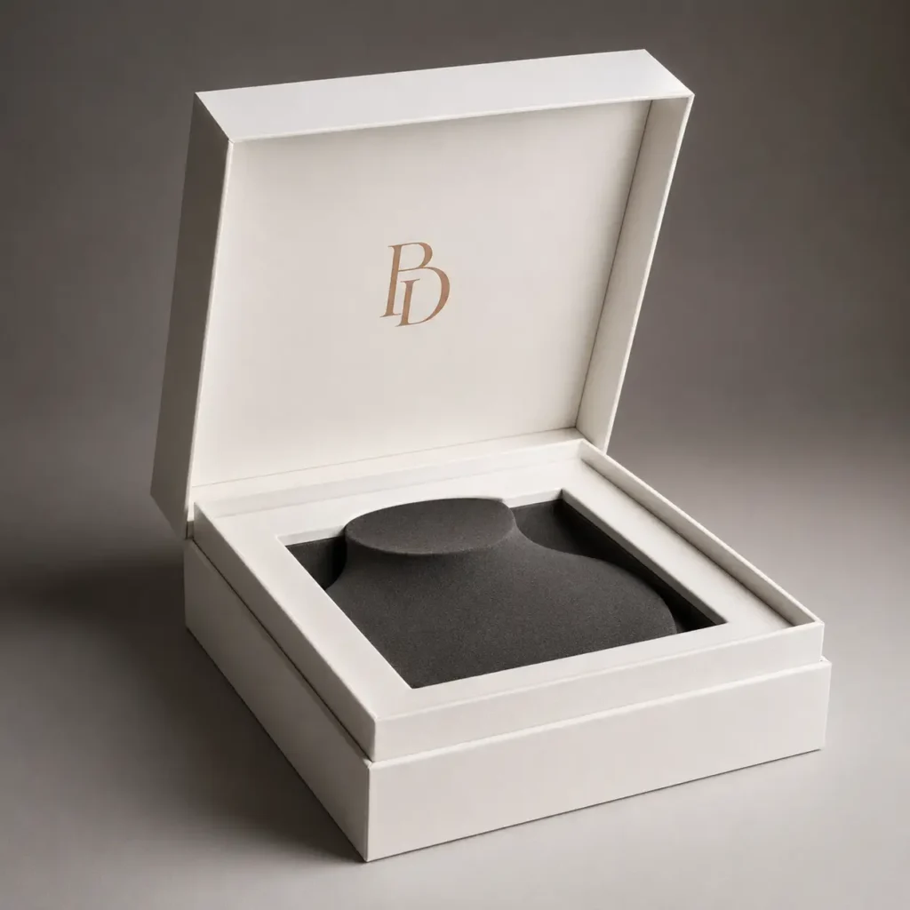 Luxury white jewelry box open displaying dark foam necklace bust insert with gold PD monogram logo inside lid