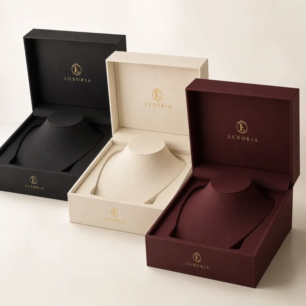 Three open Luxoria luxury jewelry boxes in black, cream, and burgundy with gold logo and velvet necklace display busts