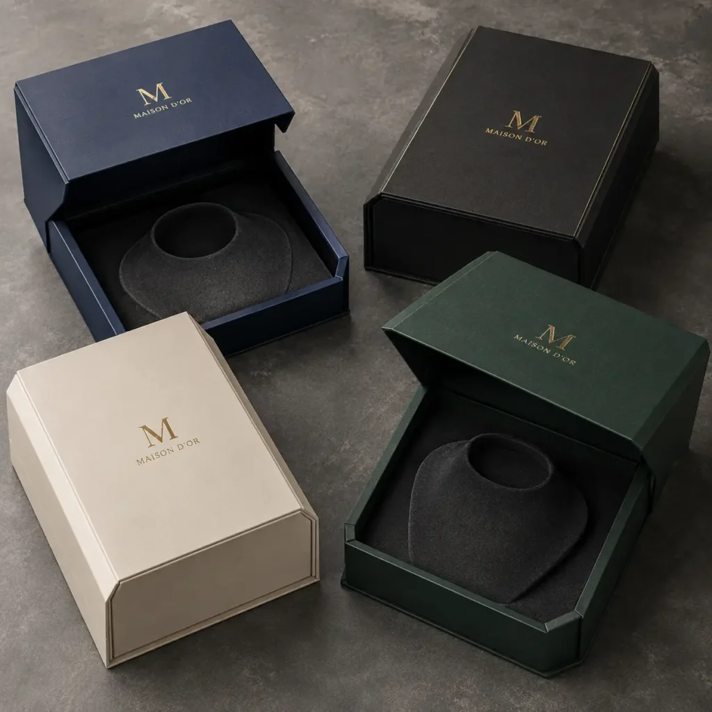 Four luxury Maison D'Or jewelry gift boxes in navy, black, green, and cream with gold foil logo and velvet necklace inserts
