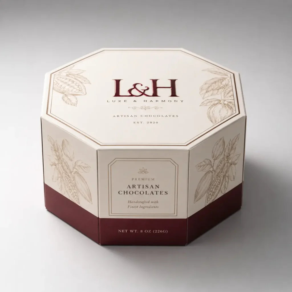 Luxe & Harmony octagonal luxury chocolate gift box packaging, cream and burgundy, artisan botanical design, EST. 2020, 8oz