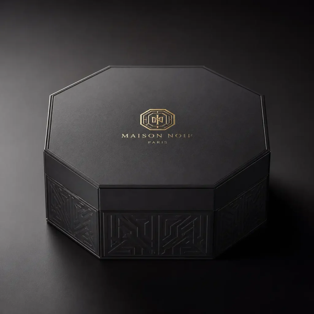 Luxury black octagonal gift box with gold foil Maison Noir Paris logo, Art Deco embossed pattern, premium packaging design