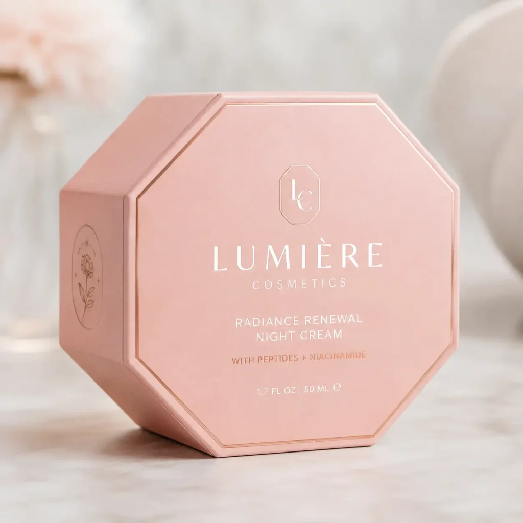 Lumière Cosmetics blush pink octagonal luxury night cream box with peptides and niacinamide, elegant cosmetic packaging design