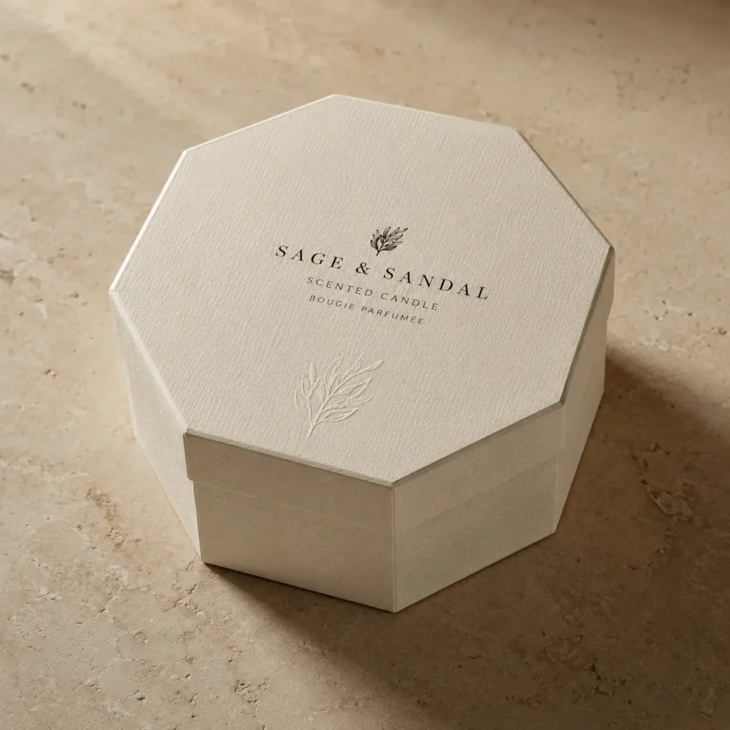 Luxury octagonal cream textured gift box with Sage & Sandal scented candle branding and embossed leaf detail on beige surface