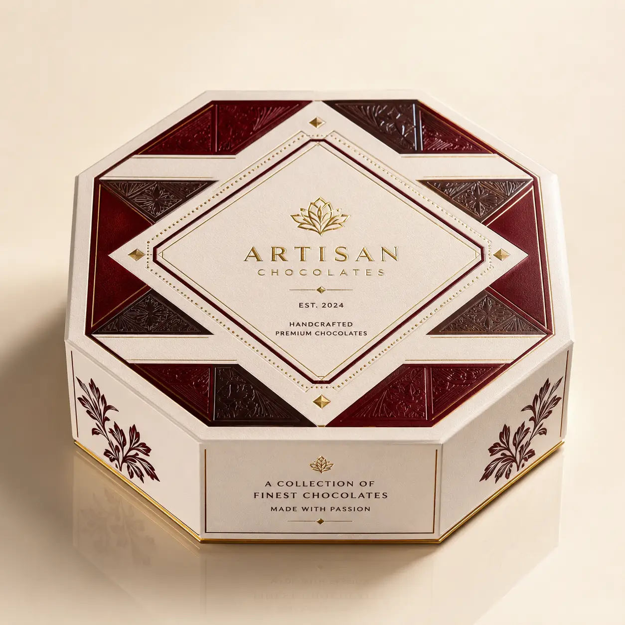 Luxury octagonal chocolate gift box in cream and burgundy with gold foil branding for Artisan Chocolates premium packaging design