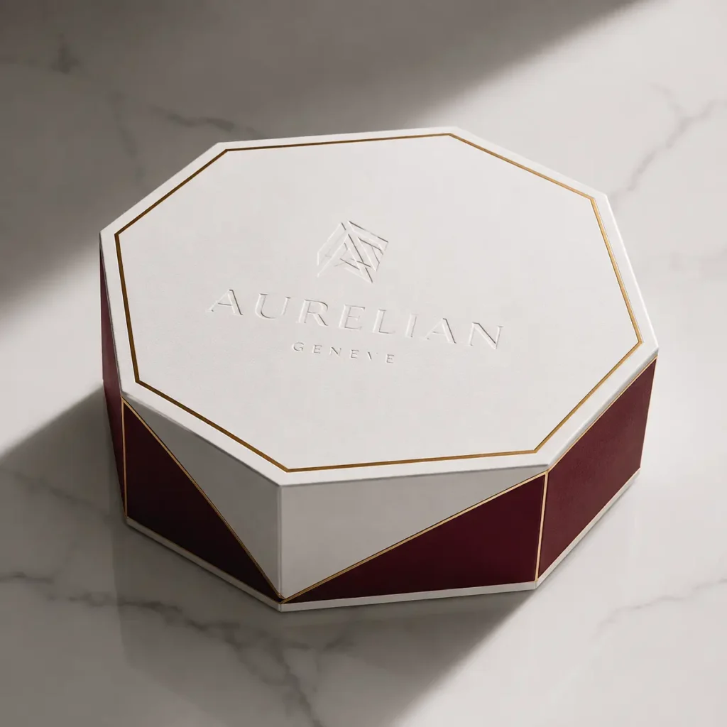 Luxury octagonal gift box white burgundy gold trim embossed Aurelian Geneve logo marble surface premium packaging design