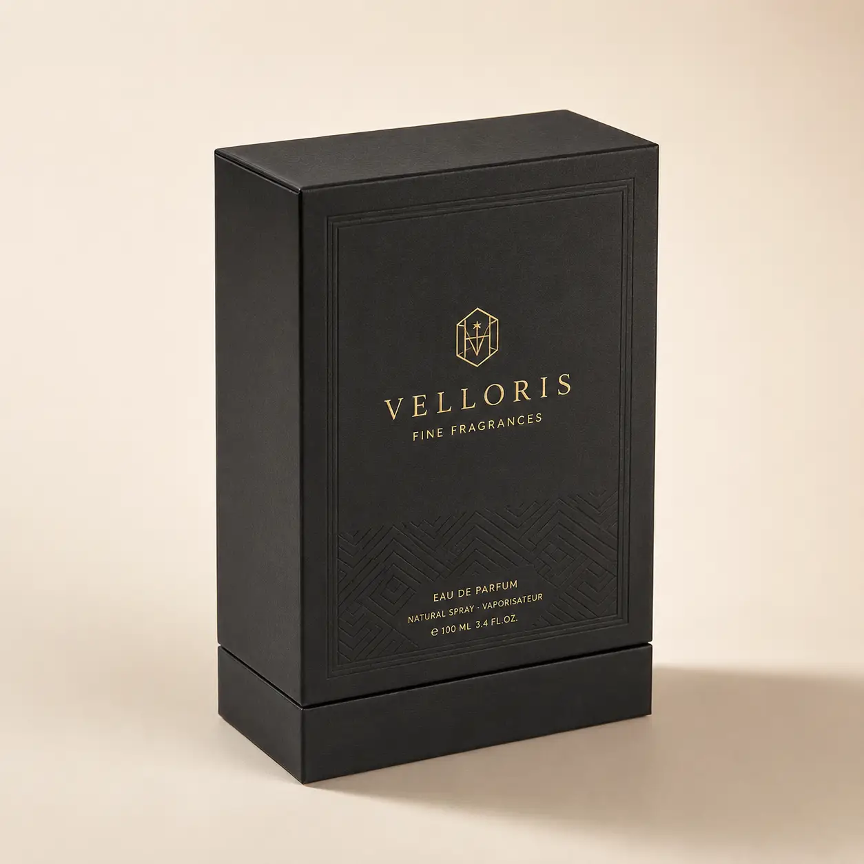 Luxury black perfume box packaging with gold foil Velloris Fine Fragrances branding, geometric embossed design, 100ml Eau de Parfum