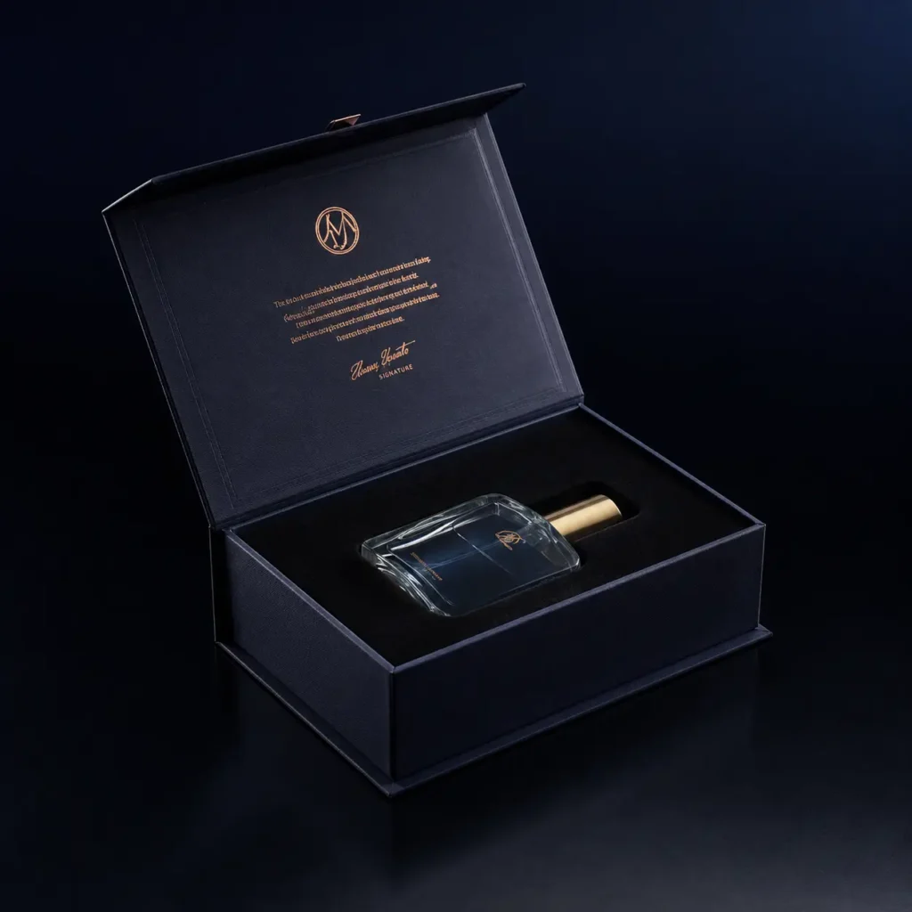 Luxury navy blue magnetic perfume gift box with gold accents, opened to reveal glass fragrance bottle, premium packaging design