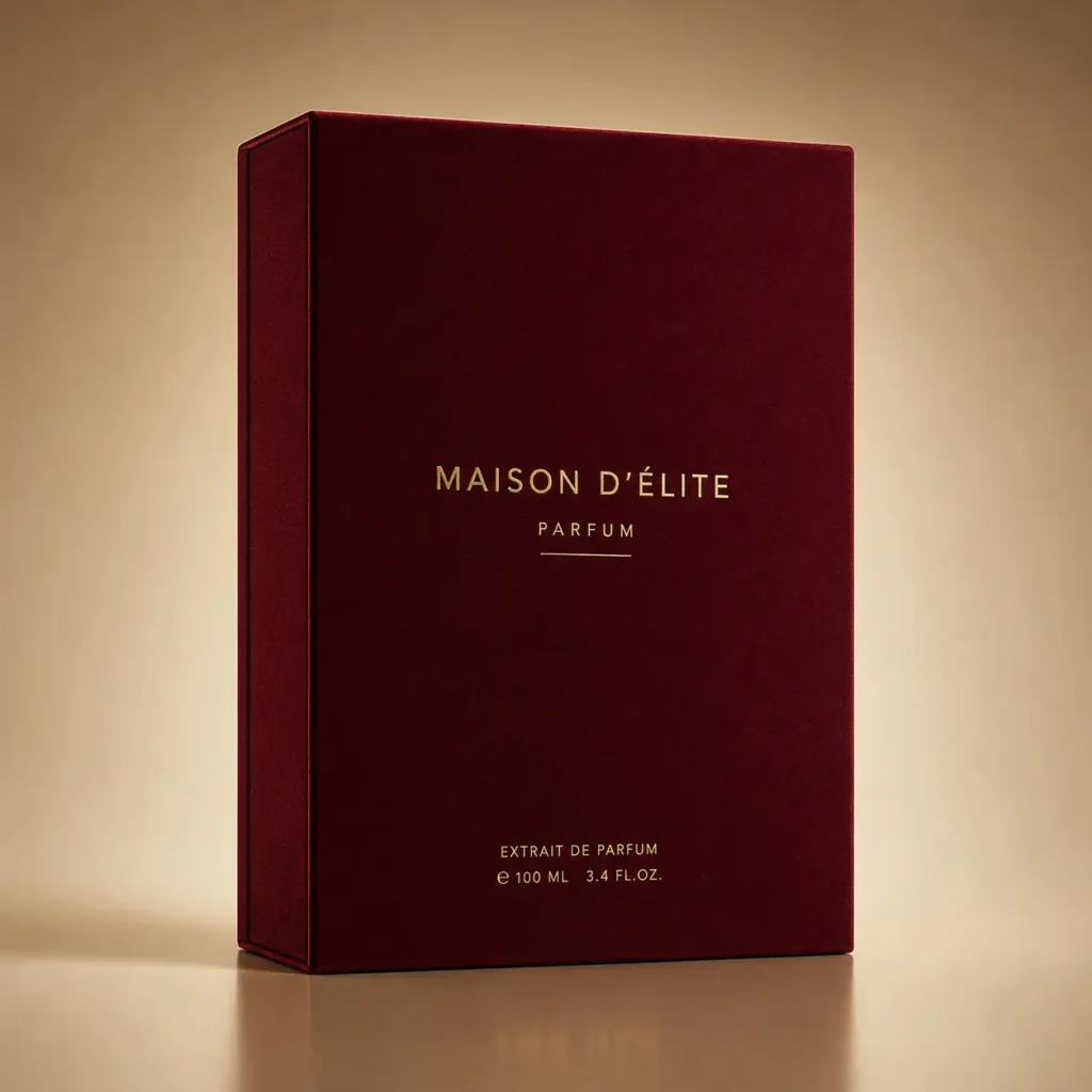 Luxury deep red velvet perfume box Maison D'Élite Extrait de Parfum 100ml gold foil typography elegant packaging design