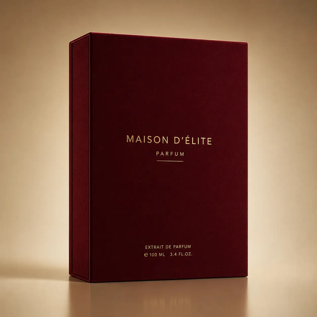 Luxury deep red velvet perfume box Maison D'Élite Extrait de Parfum 100ml gold foil typography elegant packaging design