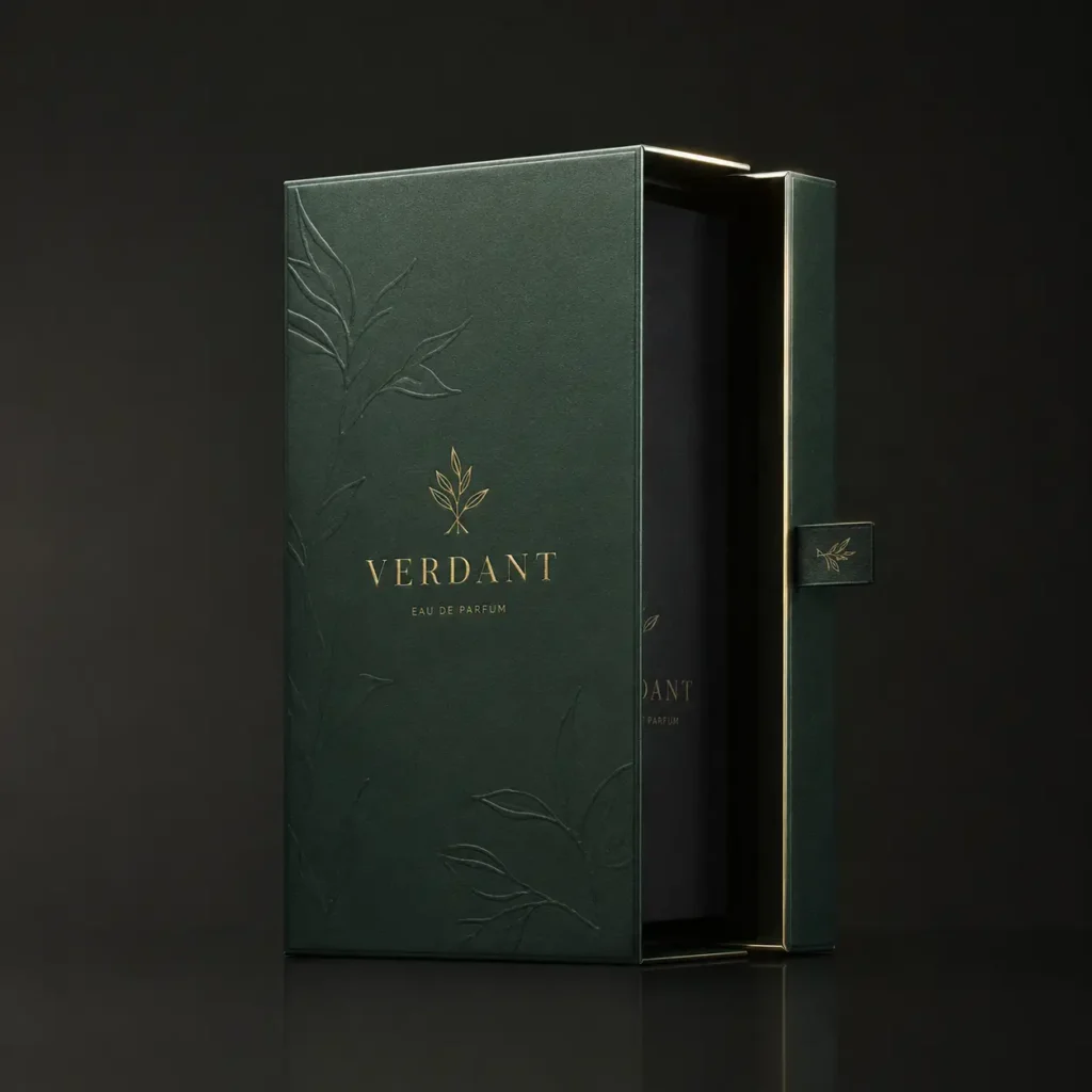 Verdant Eau de Parfum luxury green perfume box with gold foil logo, embossed botanical leaf design, premium packaging