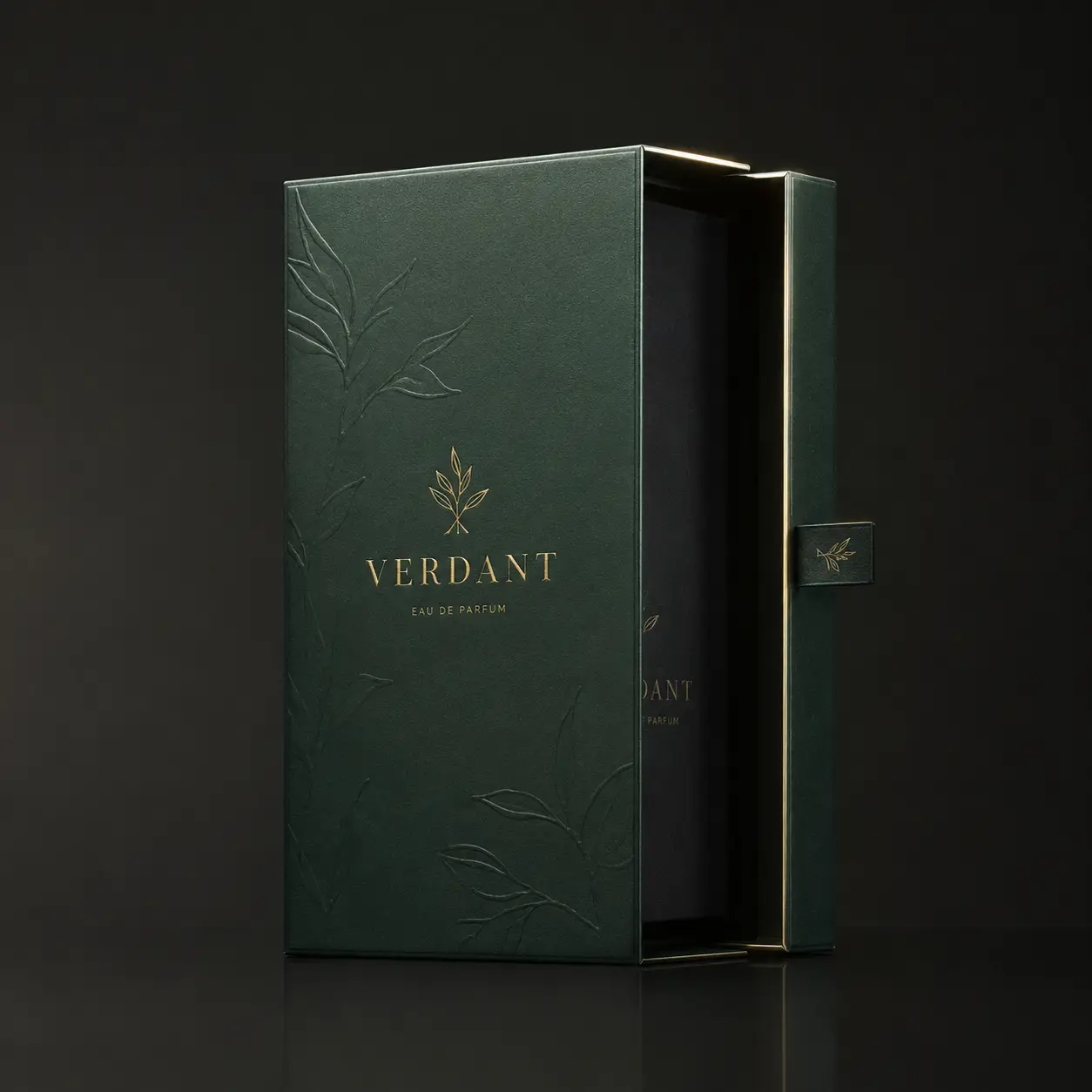 Verdant Eau de Parfum luxury green perfume box with gold foil logo, embossed botanical leaf design, premium packaging