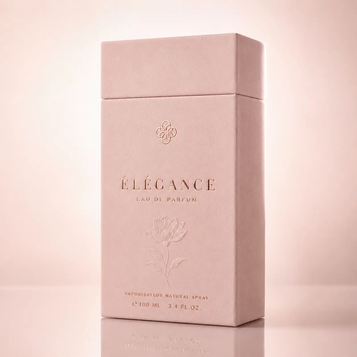 Élégance Eau de Parfum luxury pink suede perfume box with embossed floral design, 100ml elegant fragrance packaging